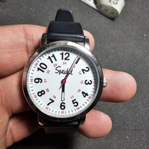 SPEIDEL ORIGINAL SCRUB WATCH QUARTZ SILVER TONE 60340007  BLACK BAND WORKING SHO
